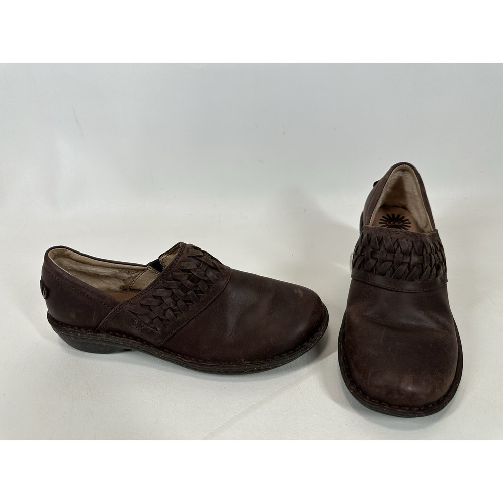 UGG Anila Clogs Shoes Size 9 Women's 1005427 Brown Leather Pure Wool Lining